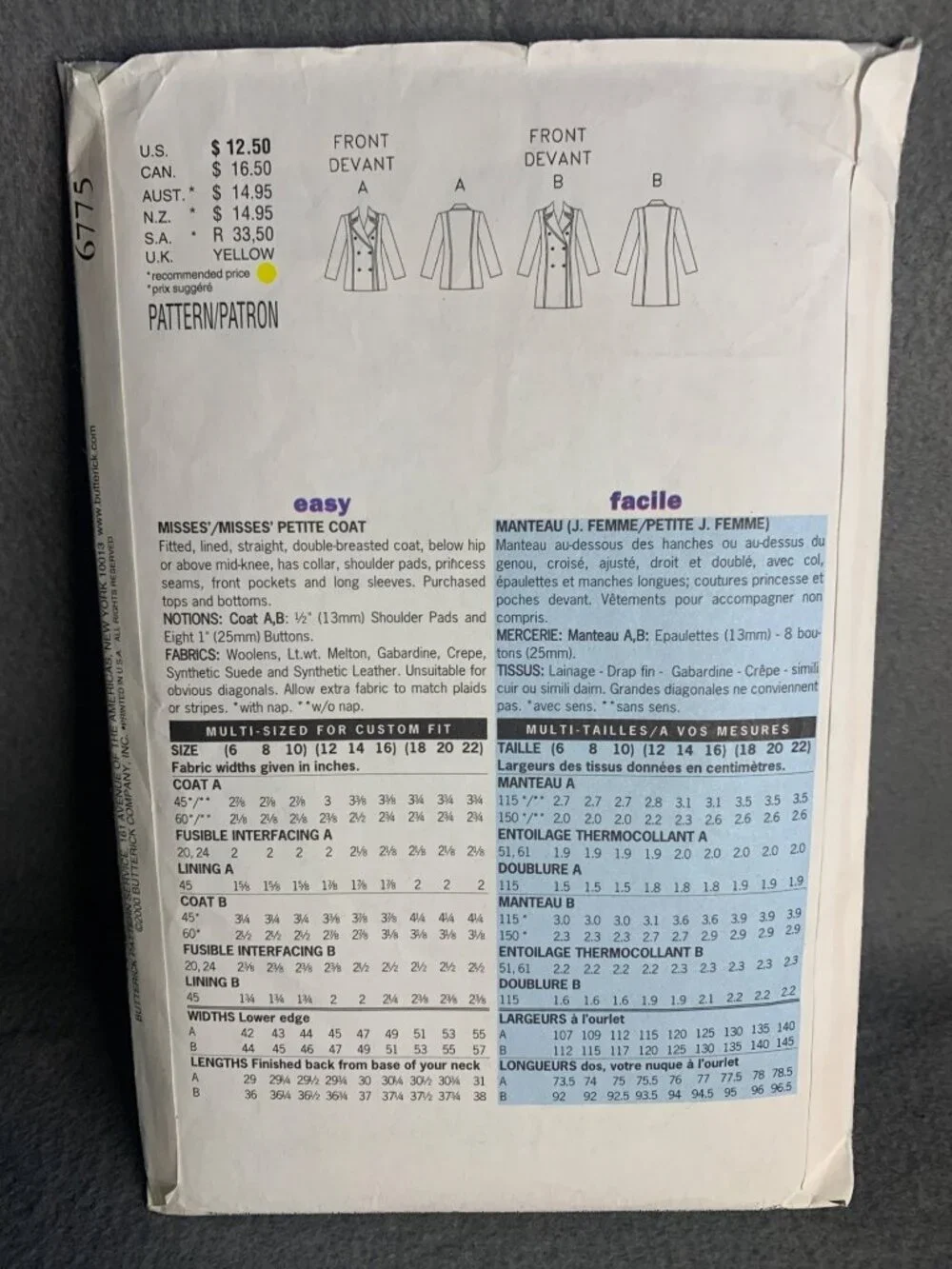 Butterick Coat Sewing Pattern Size 6 8 10 6775 - uncut